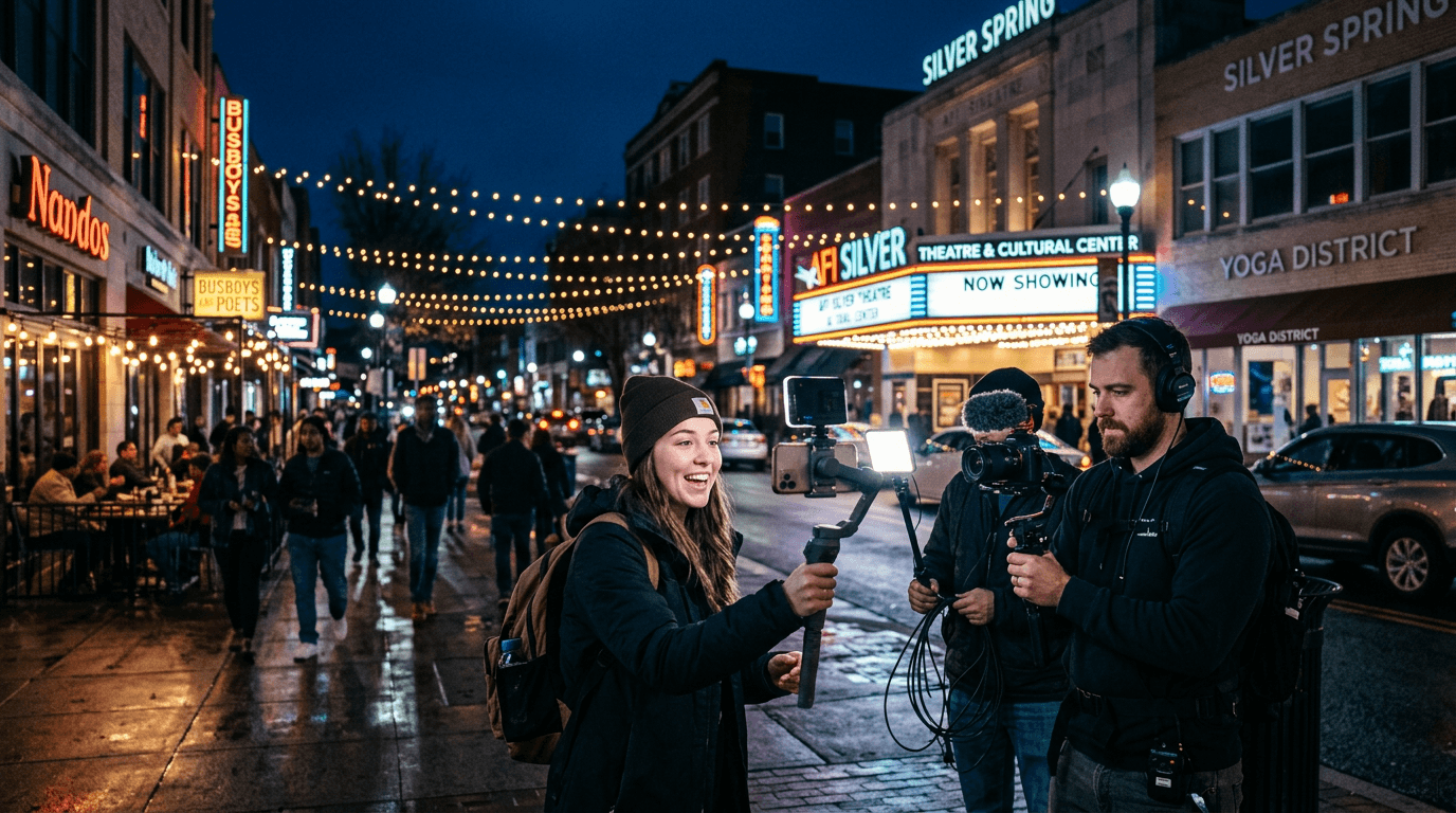 DelloFlix content crew filming a short-form social video on a lit downtown Silver Spring, Maryland street at night