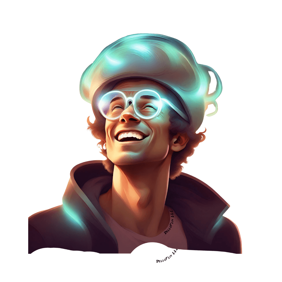Illustrated young man laughing in glowing round glasses