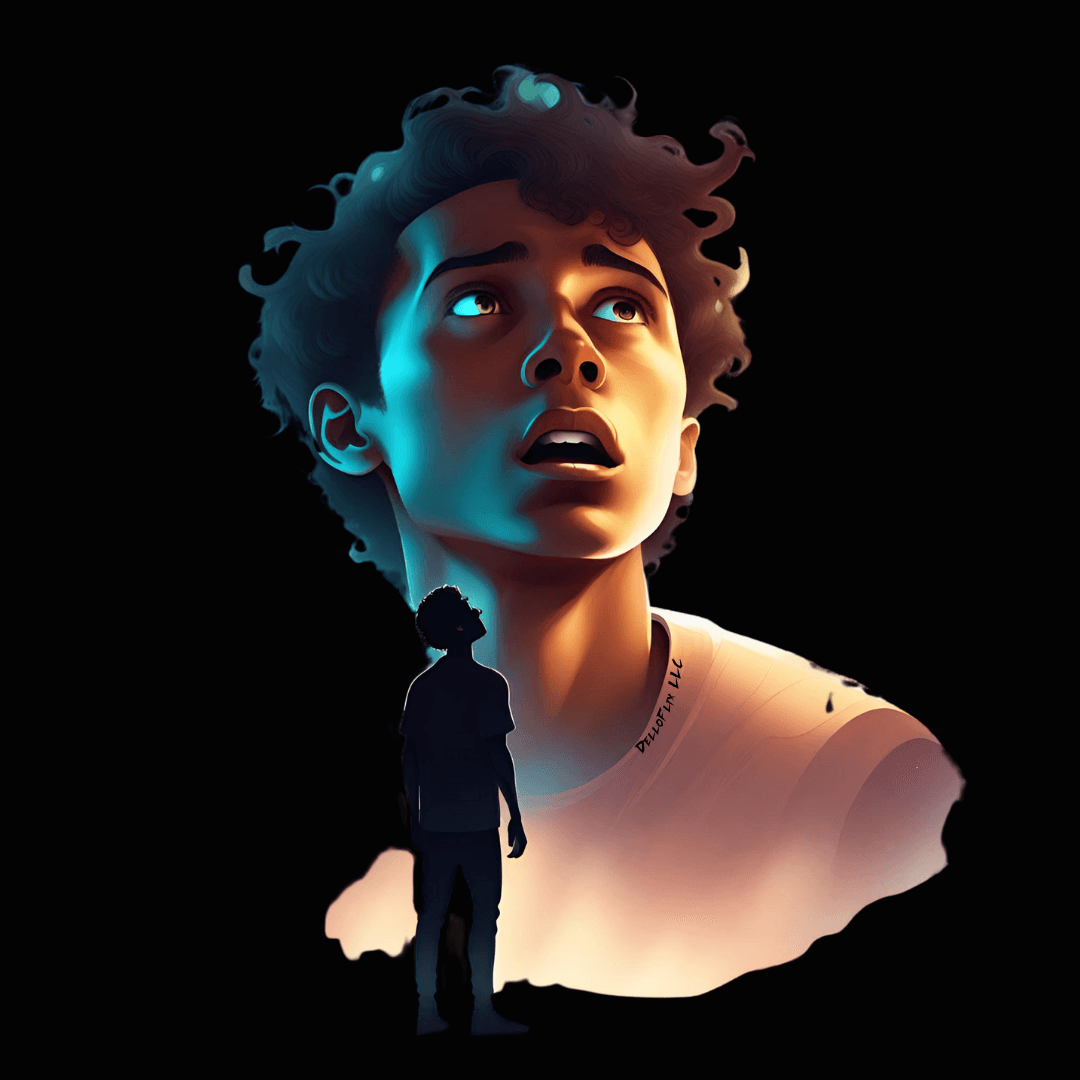 Illustration of a young dreamer gazing up at a giant version of himself