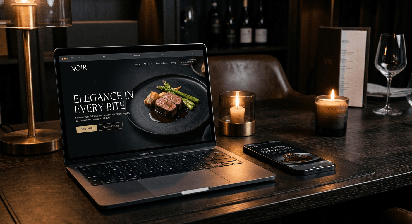 Upscale restaurant website designed by DelloFlix shown on laptop and phone