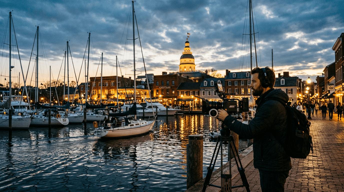 Videographer filming at the Annapolis City Dock at dusk with the Maryland State House in the distance