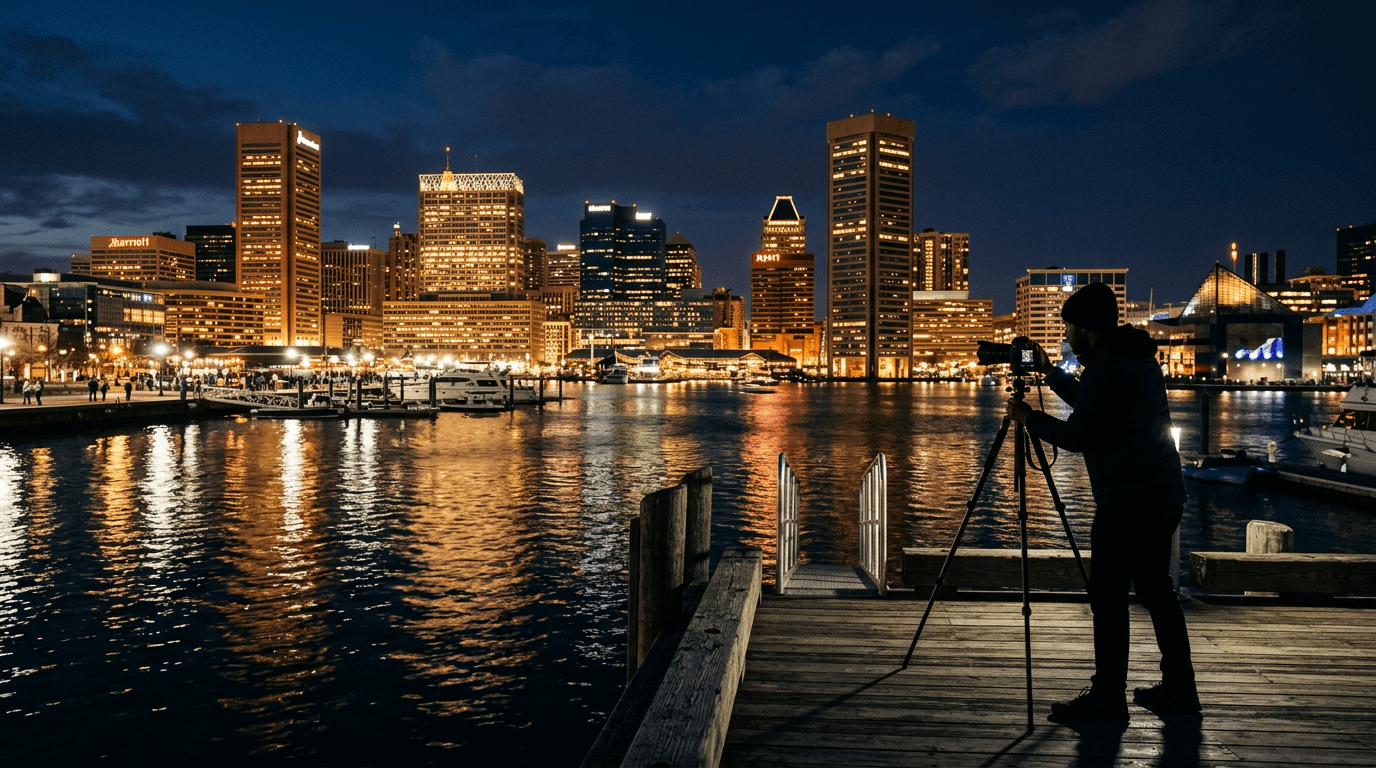 Photographer on the pier at Baltimore Inner Harbor at night
