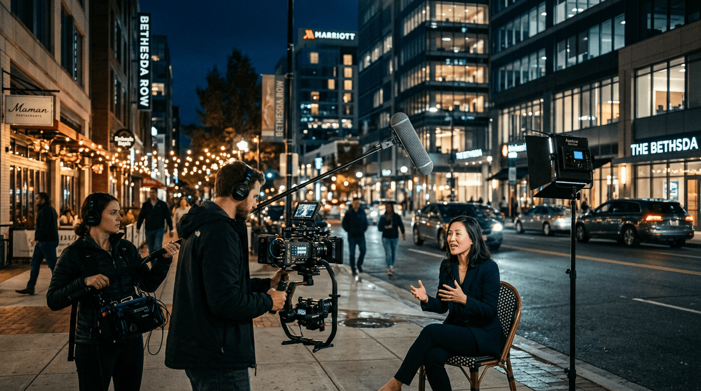 DelloFlix video crew filming an executive interview at night in downtown Bethesda, Maryland