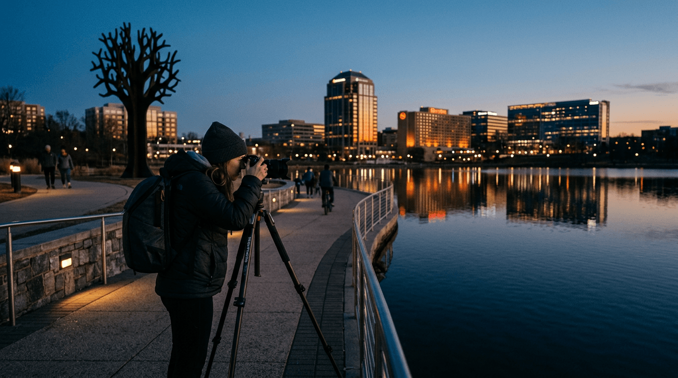 Photographer on the lakefront path at Lake Kittamaqundi in Columbia, Maryland at blue hour