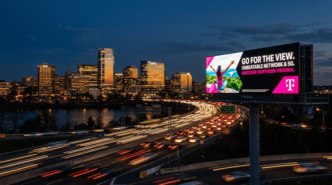 Digital billboard glowing beside a Northern Virginia highway at dusk