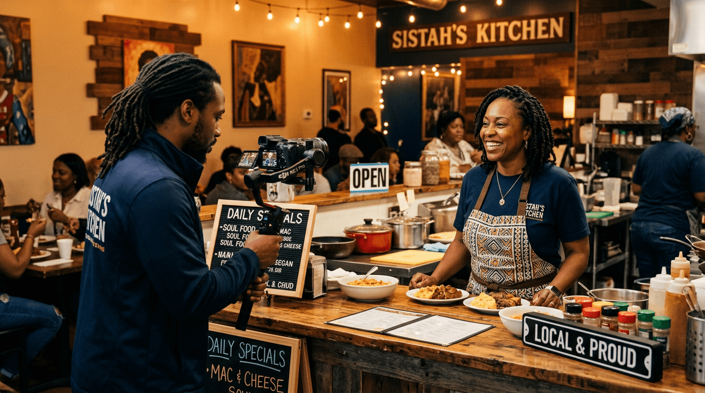 Videographer filming a local restaurant owner in Prince George’s County