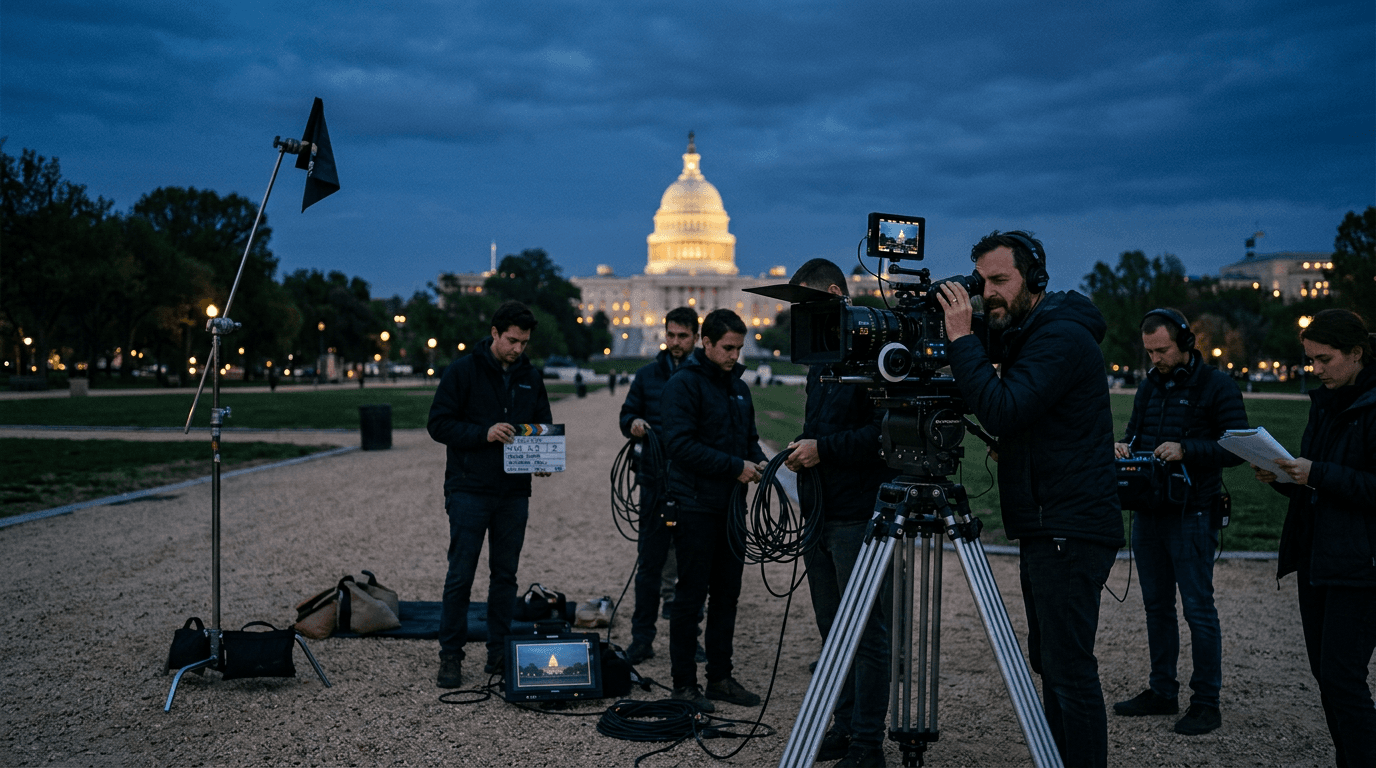 DelloFlix film crew shooting on the National Mall at blue hour