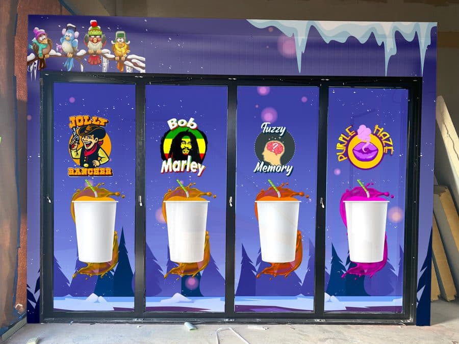 Illustrated storefront window wrap featuring Eskimo Hut frozen drink flavors
