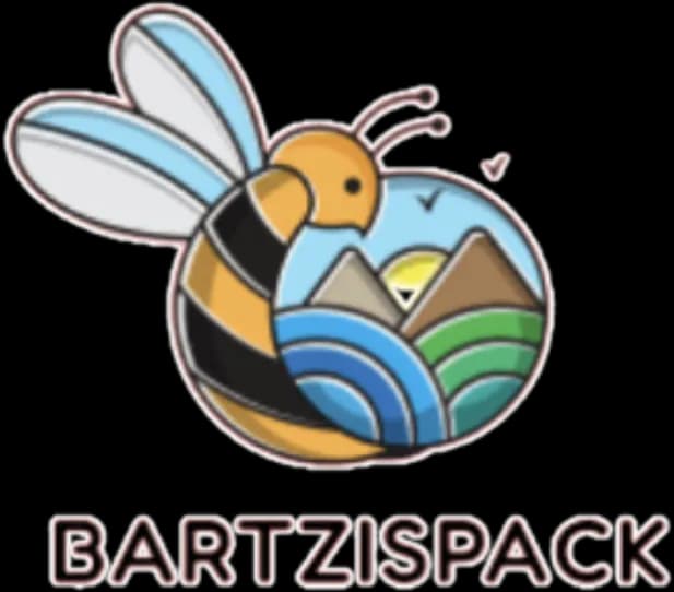 Bartzispack logo of a bee whose body holds a landscape of mountains, sun and water