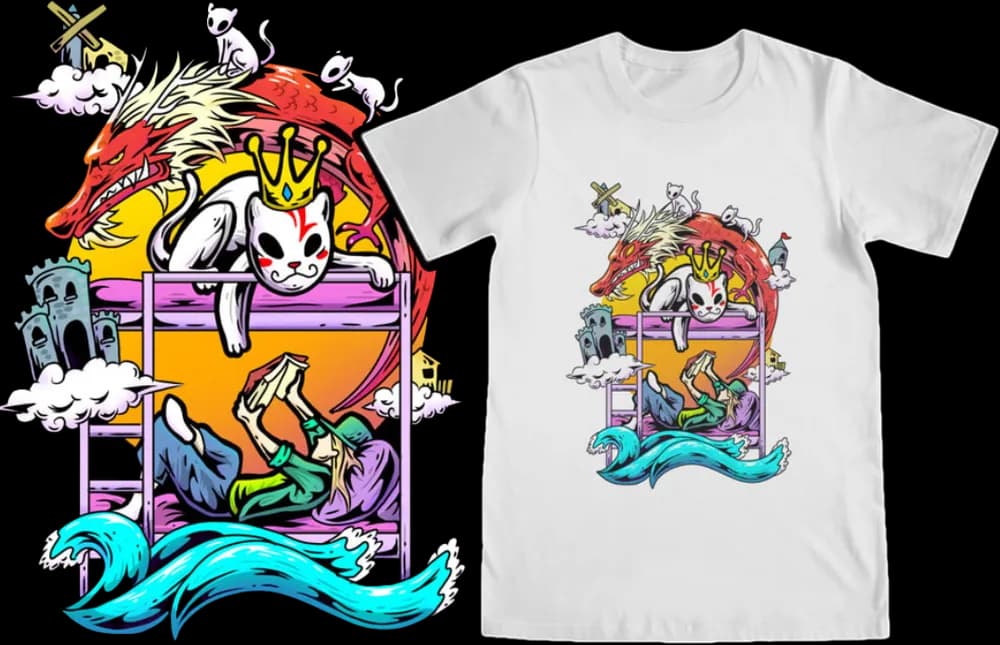 Colorful illustration of a cat, dragon and ocean waves, shown as artwork and printed on a white t-shirt