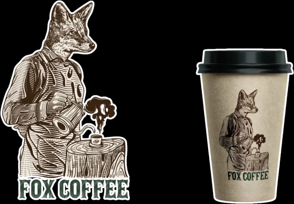 Fox Coffee logo of an engraved fox barista, shown beside a branded paper coffee cup
