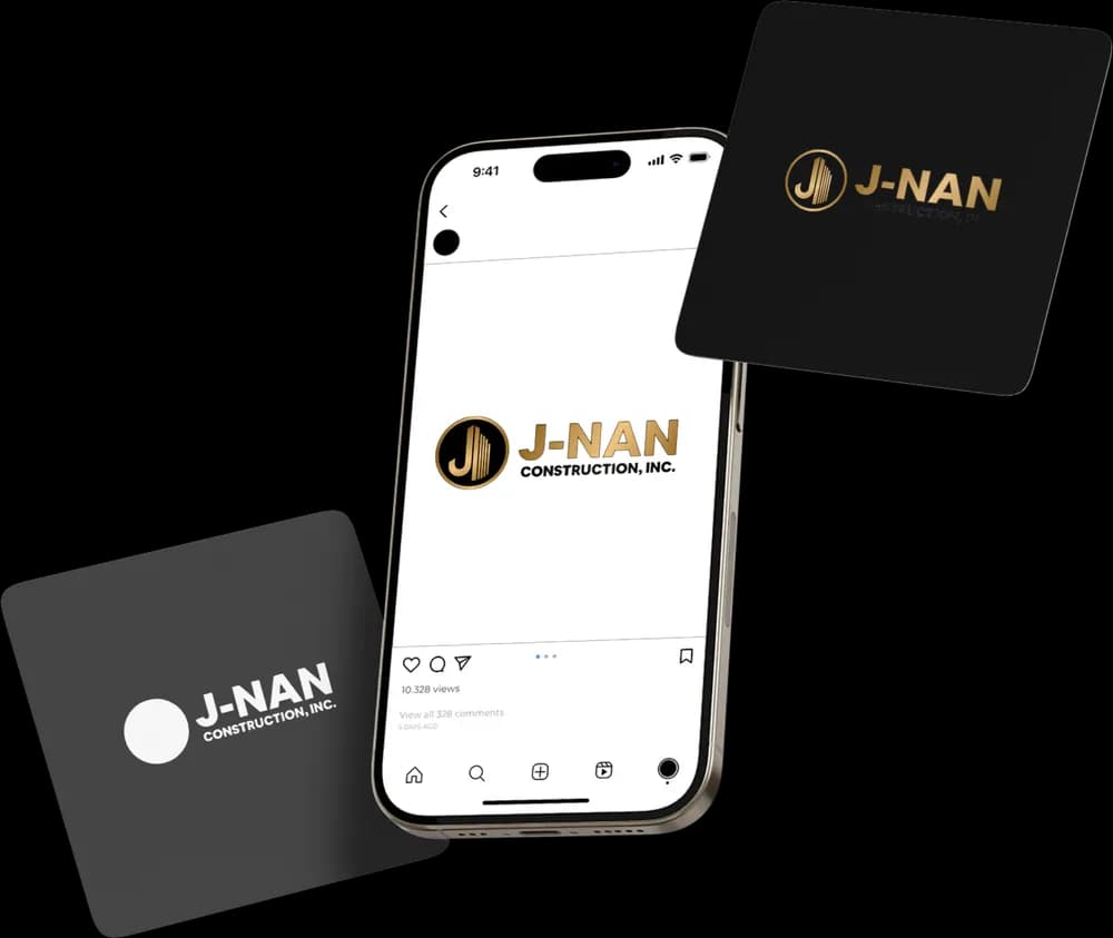 J-Nan Construction brand mockup with a smartphone social profile and black and gray business cards