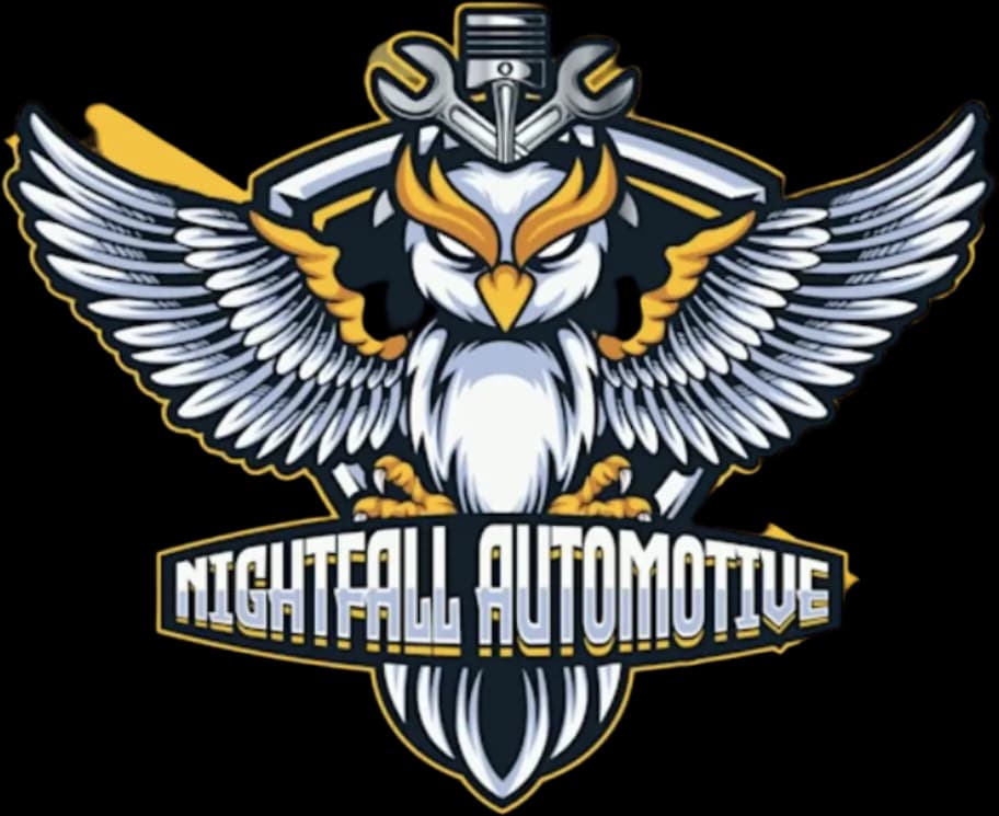 Nightfall Automotive logo of an owl with spread wings perched on an engine piston