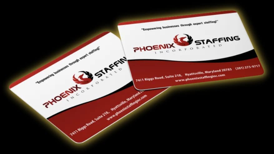 Phoenix Staffing red and white business cards, front and back