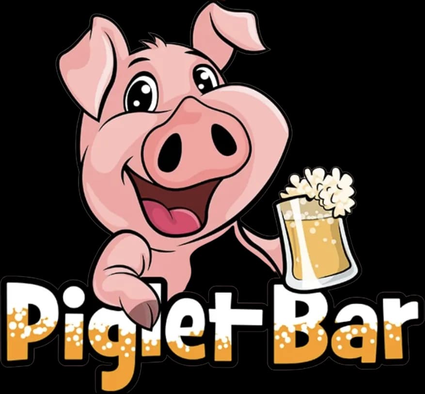 Piglet Bar logo of a smiling cartoon pig holding a frothy mug of beer