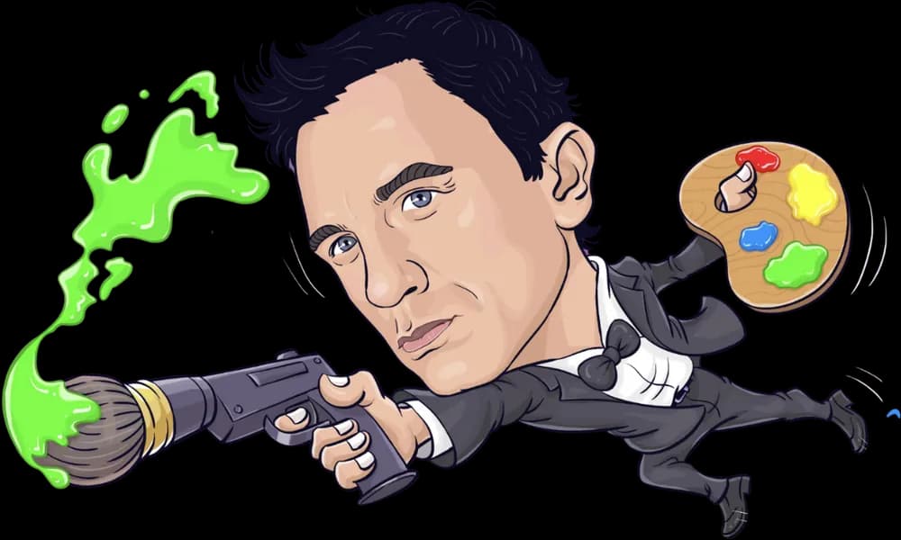 Caricature of a man in a tuxedo leaping with a paint palette and a paint-spraying gun