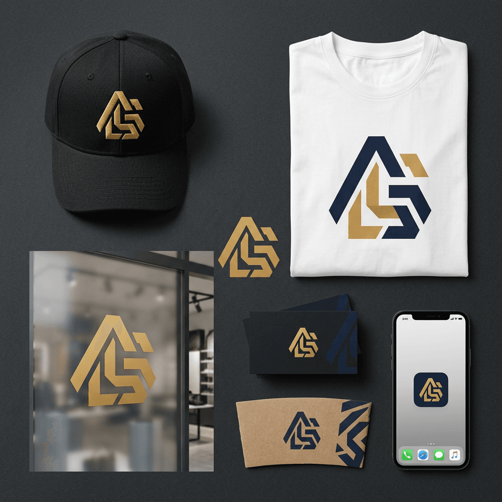 A monogram logo applied across a cap, t-shirt, business cards, cup sleeve, window decal and app icon