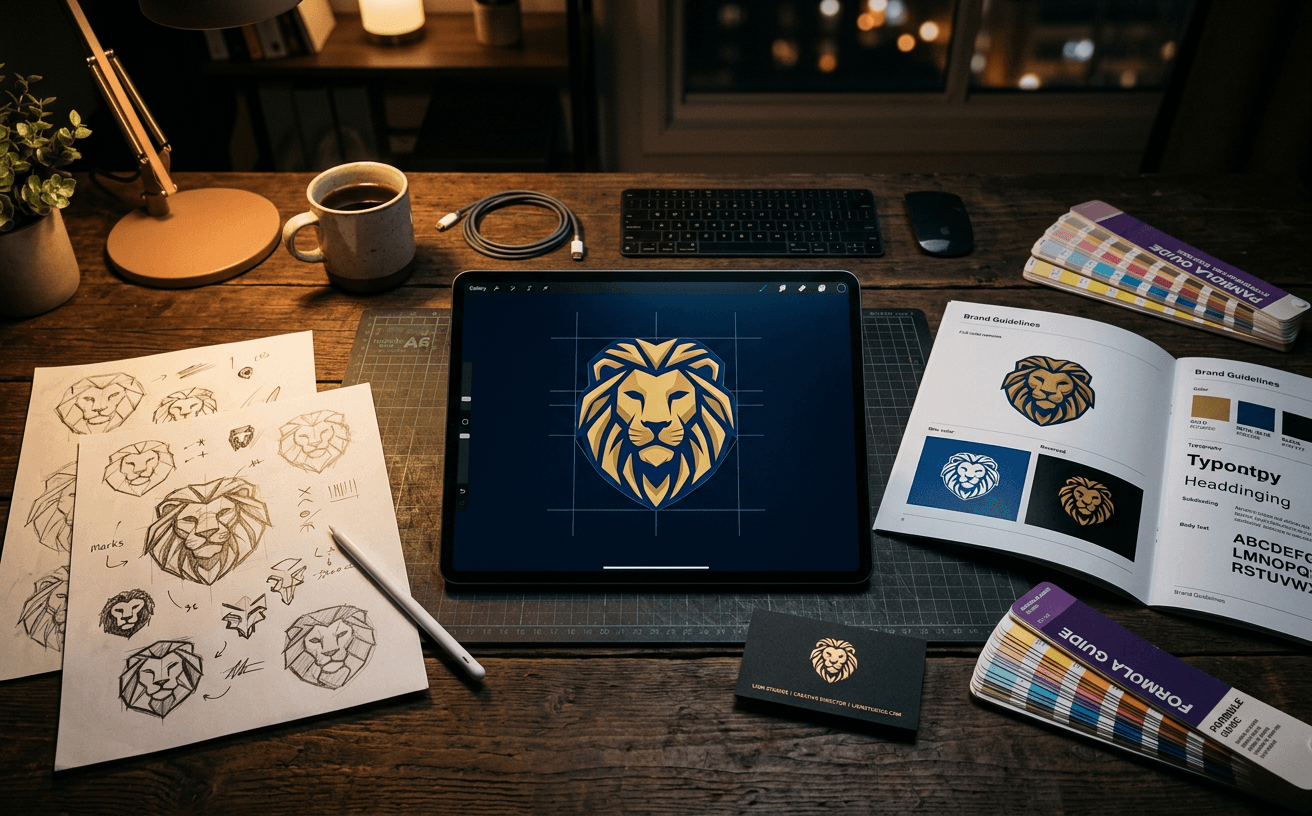 Logo design process with concept sketches, a refined lion mark on a tablet, and brand guidelines