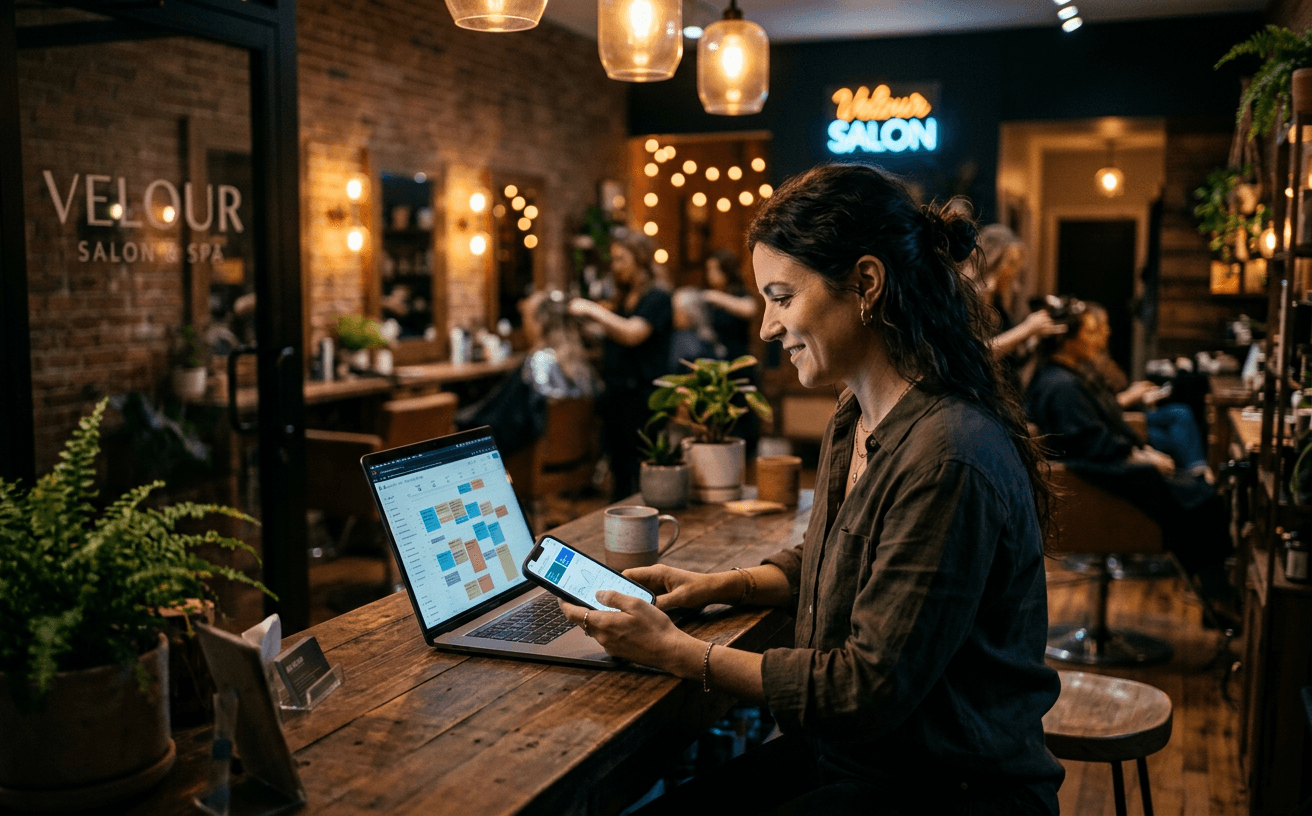 Salon owner reviewing a booking calendar and lead pipeline built by DelloFlix marketing automation