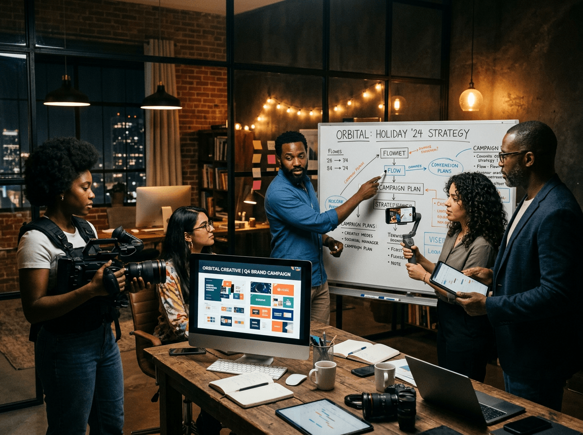 DelloFlix strategists, designers and a videographer planning a client campaign around a whiteboard